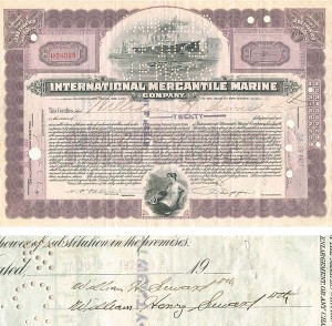 William H. Seward signed twice International Mercantile Marine - Co. that Made the Titanic - Stock Certificate